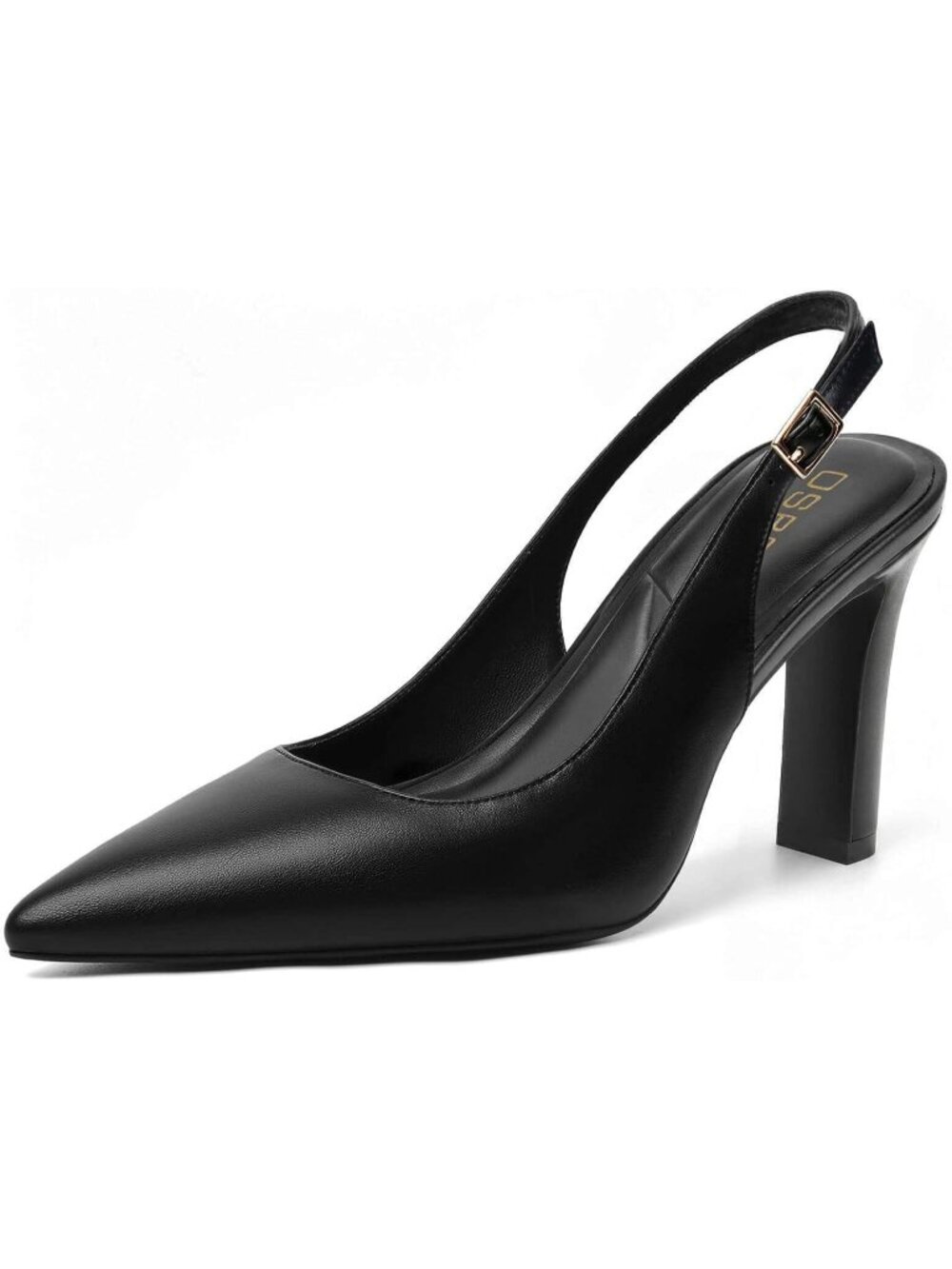 Women's Black Slingback Chunky Block Heel Pointed Toe With Adjustable Strap Shoe